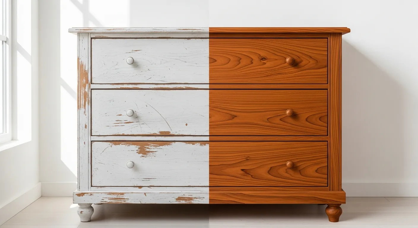 Avant-après d'un meuble relooké avec un adhésif effet bois