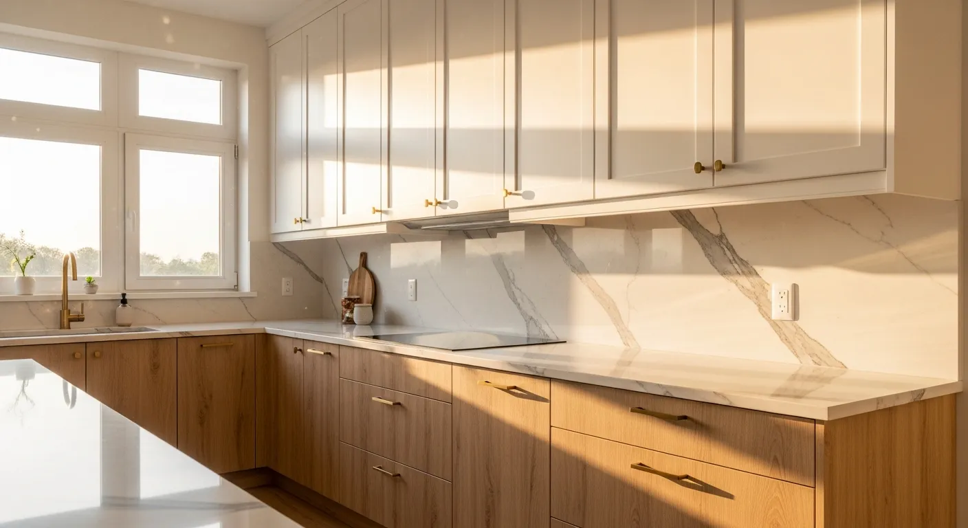 Cuisine moderne avec adhésif effet chêne clair sur les façades